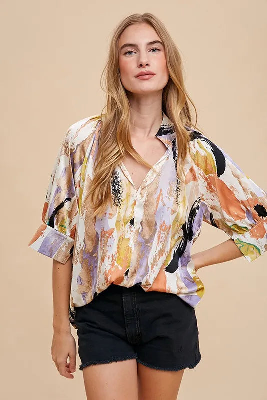 Annie Wear Multi Color Printed V-Neck Open Woven Blouse Top TAUPE LILAC MULTI