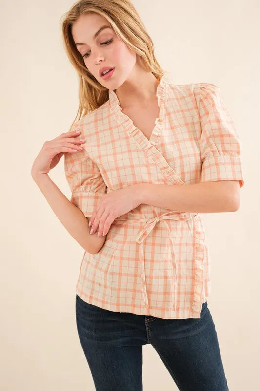 And The Why Plaid Patterned and Ruffled Wrap Blouse Top | Daverri Fashions