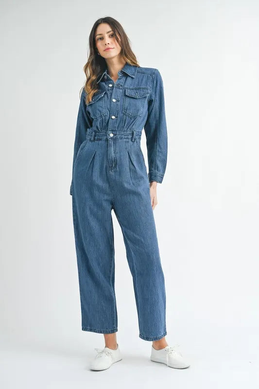 MABLE Cinched Waist Straight Leg Denim Jumpsuit Jumpsuits