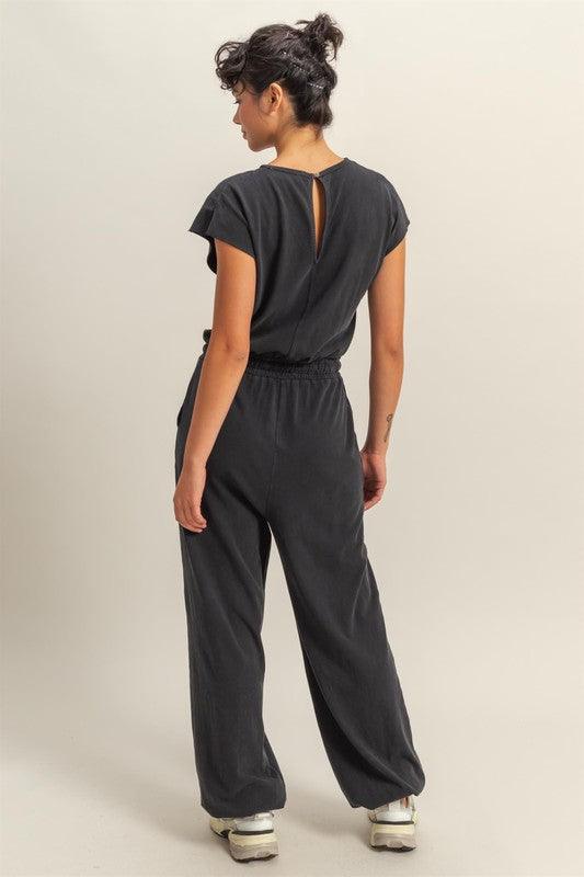HYFVE Back Keyhole Round Neck Cap Sleeve Drawstring Jumpsuit Jumpsuits