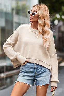 Beige oversized round neck drop shoulder knit sweater with ribbed cuffs