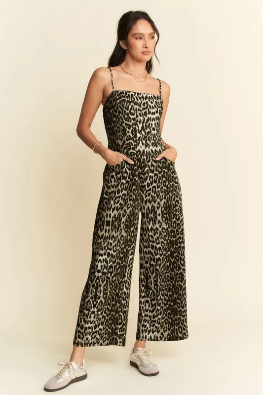 Davi & Dani Leopard Spaghetti Straps Wide Leg Jumpsuit Jumpsuits
