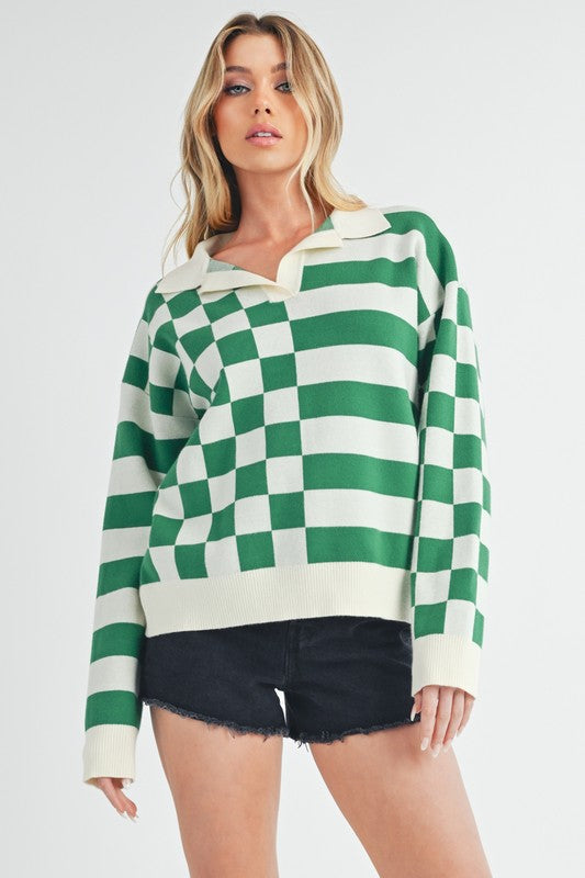 Aemi + Co Striped & Checkered Drop Shoulder Sweater Sweaters