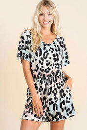 BiBi Gradation Leopard Soft Knit V-neck Romper | Rompers Daverri Fashions