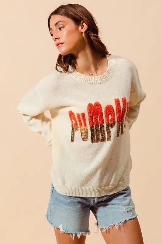 SO ME Contrast Sequin Pumpkin Slogan Sweater Top Sweaters