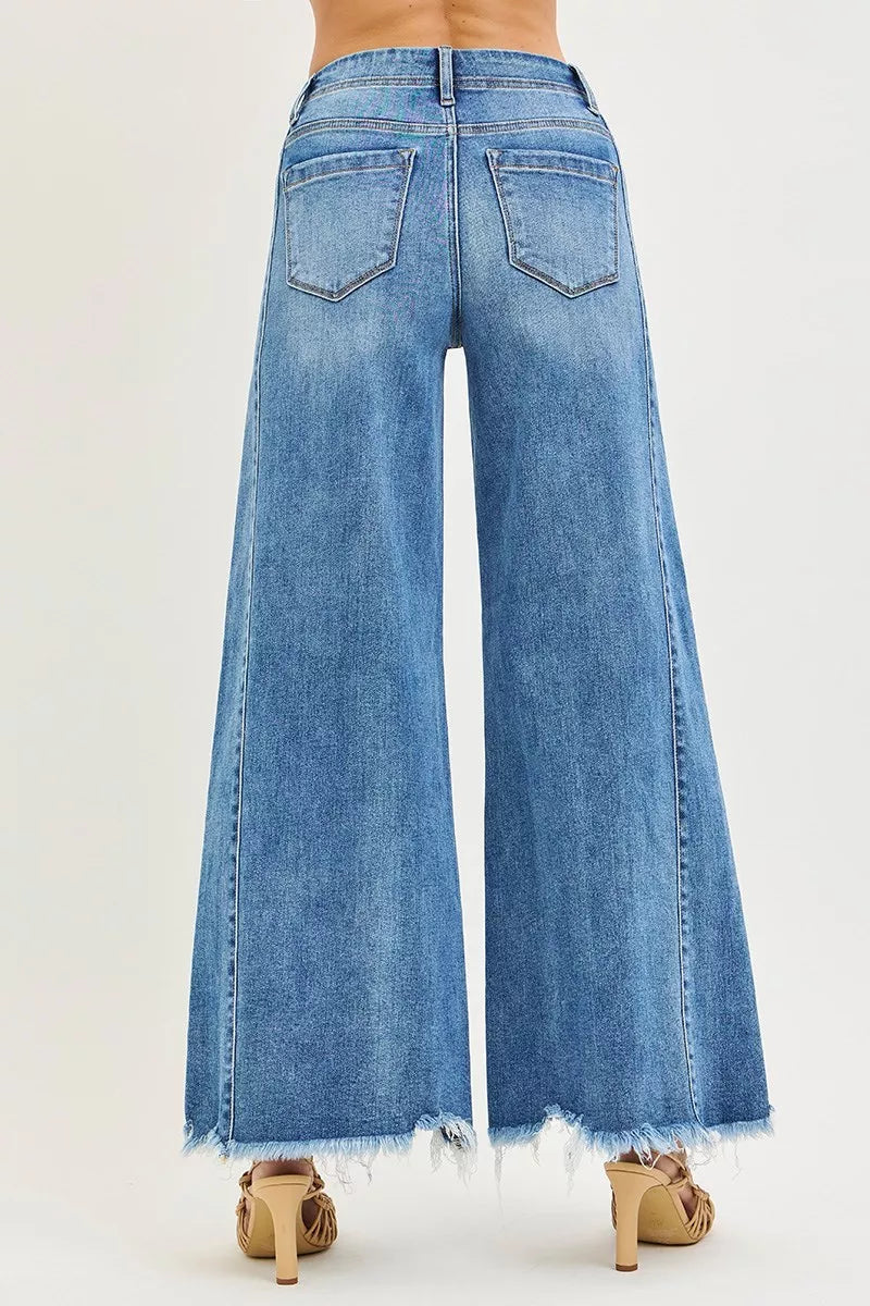 Blue RISEN high-rise ankle wide jeans in denim with frayed hem