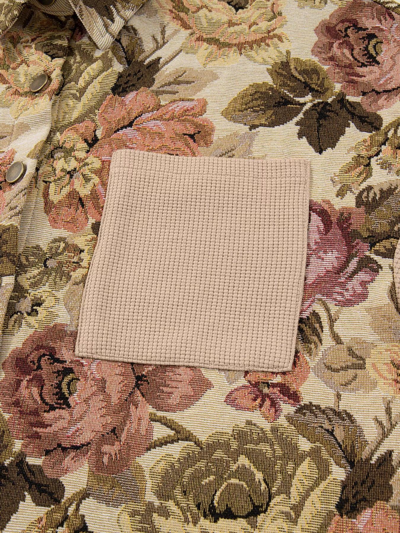 Floral Waffle Knit Patchwork Chest Pockets Buttoned Jacket - DAVERRI FASHIONS