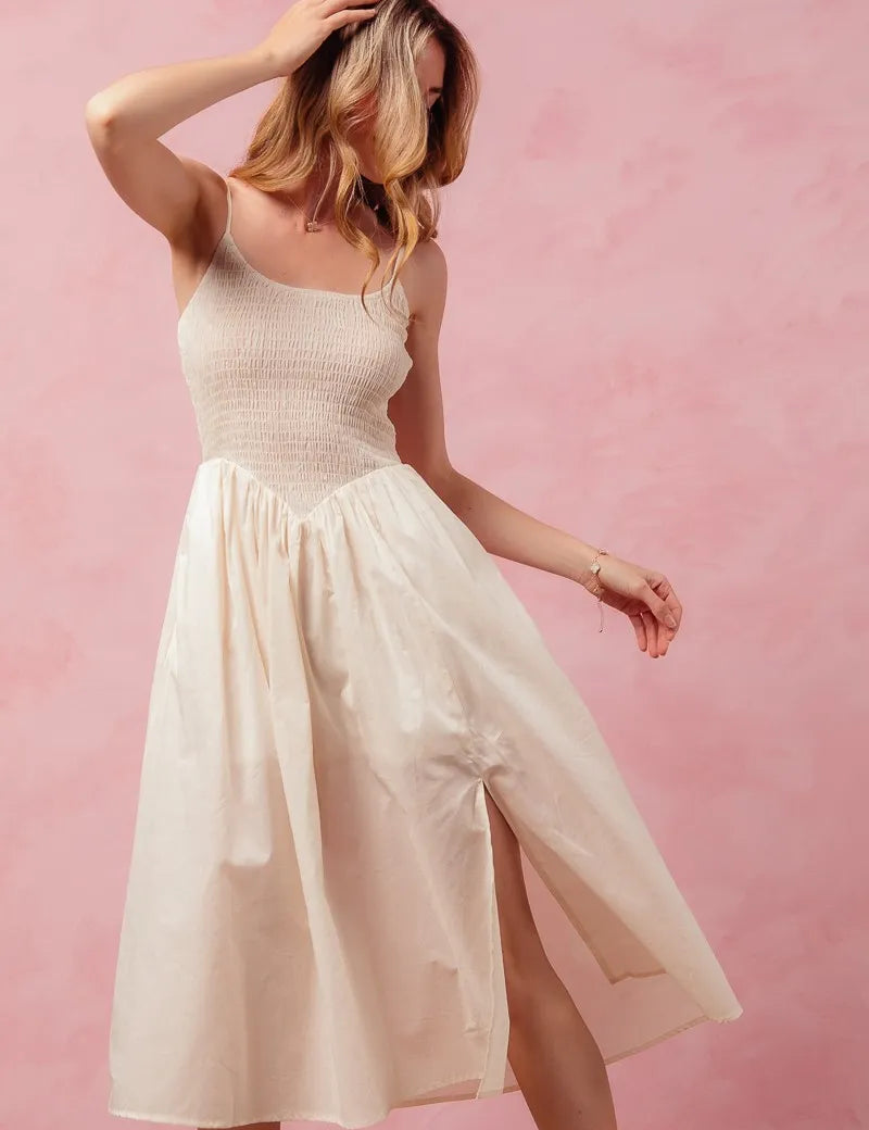 CREAM SO ME Smocked Sleeveless Casual Everyday Dress With Slit | Daverri Fashions