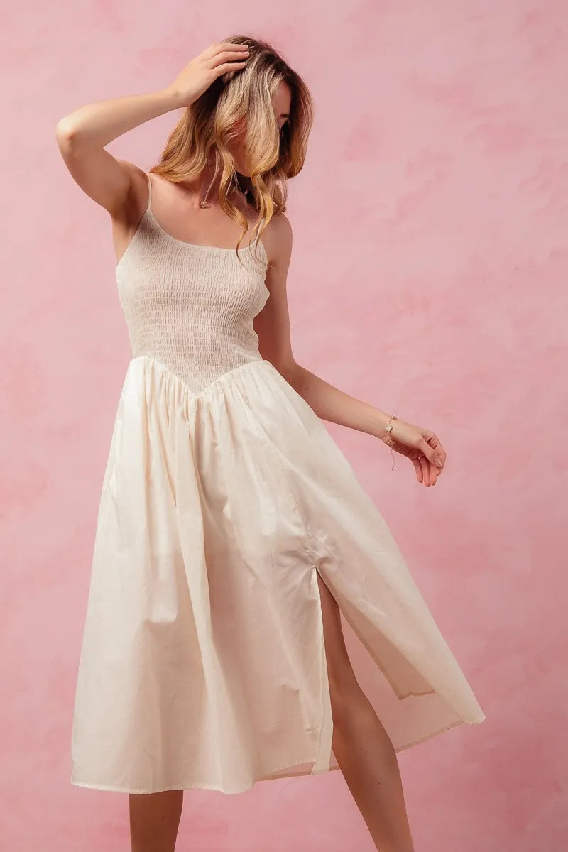 SO ME Smocked Sleeveless Casual Everyday Dress With Slit CREAM