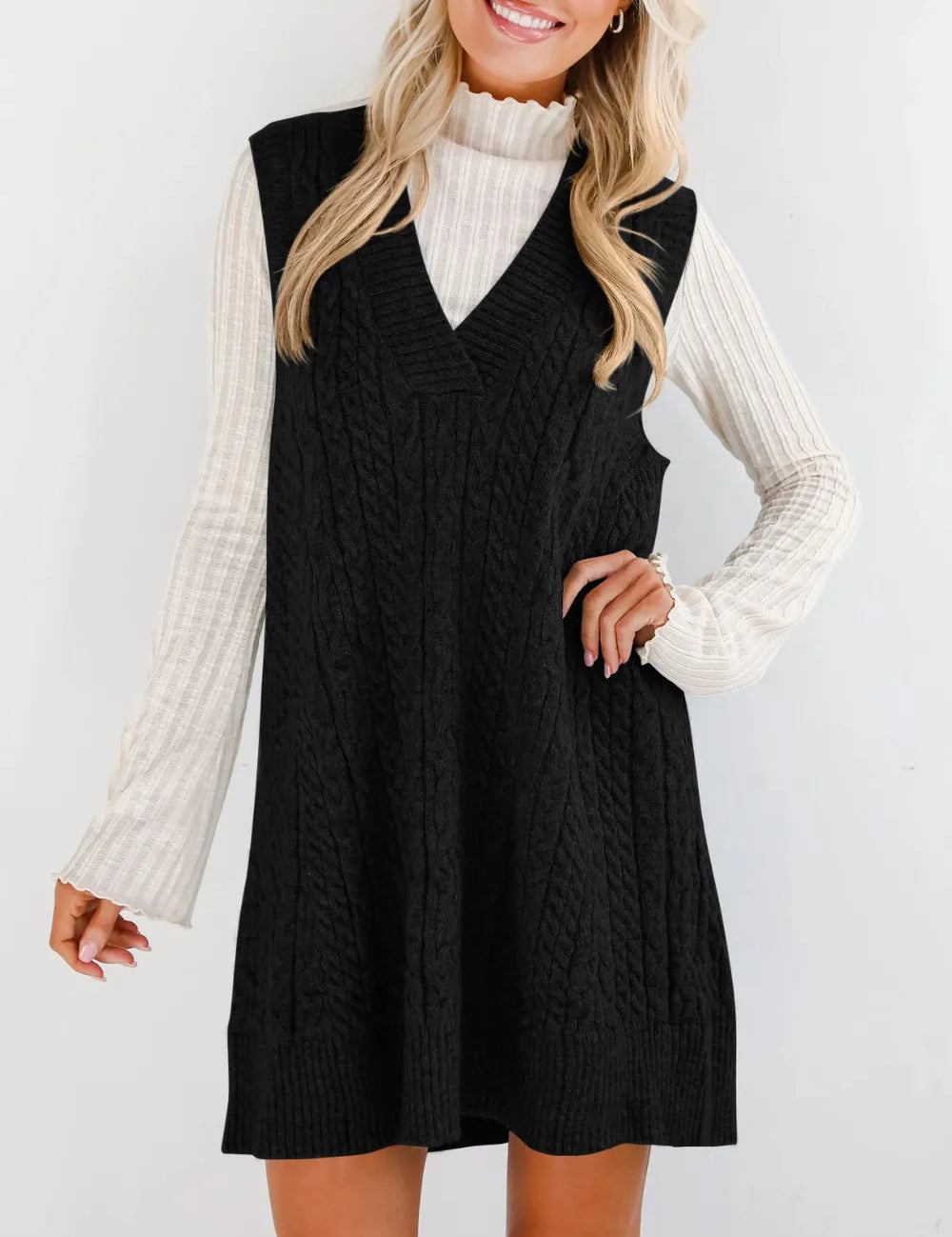 Lovelet Cable Knit V-Neck Mini Sweater Overall Dress | Mini Dresses Daverri Fashions