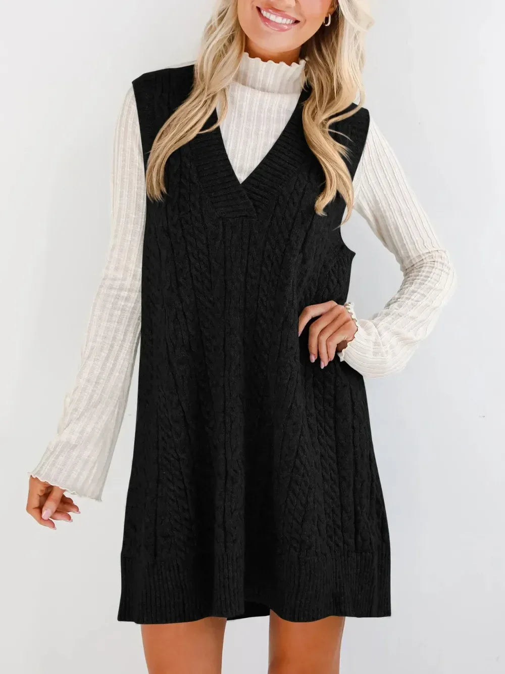 Lovelet Cable Knit V-Neck Mini Sweater Overall Dress - DAVERRI FASHIONS