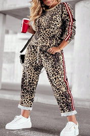 Camel Plus Size Leopard Round Neck Top and Pants Set | Loungewear Sets Daverri Fashions