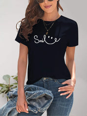 Black SMILE graphic tee with white smiley face, casual short sleeve
