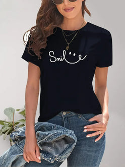 SMILE Round Neck Short Sleeve T-Shirt - DAVERRI FASHIONS
