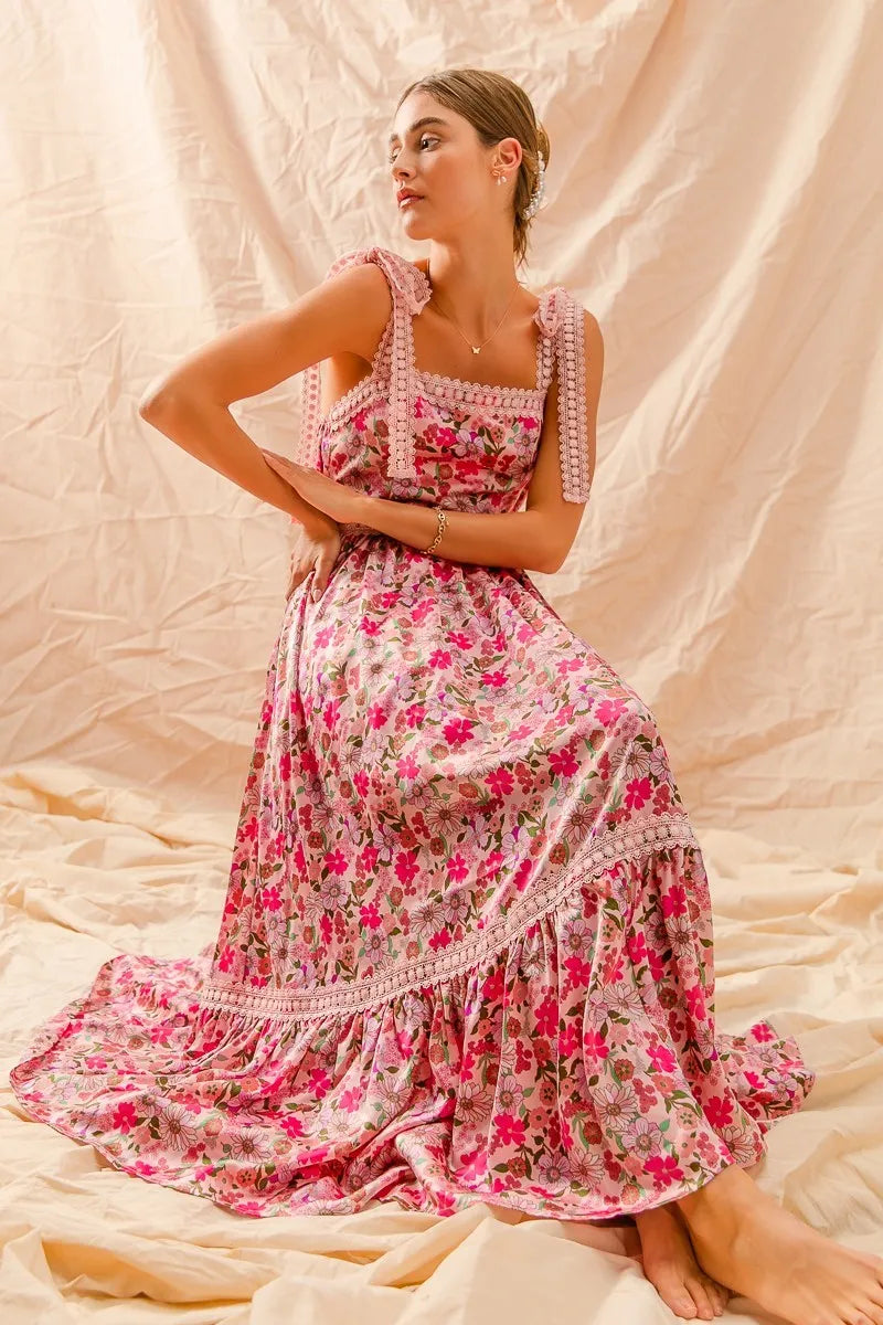 SO ME floral maxi dress in pink with lace trim and ribbon tie straps