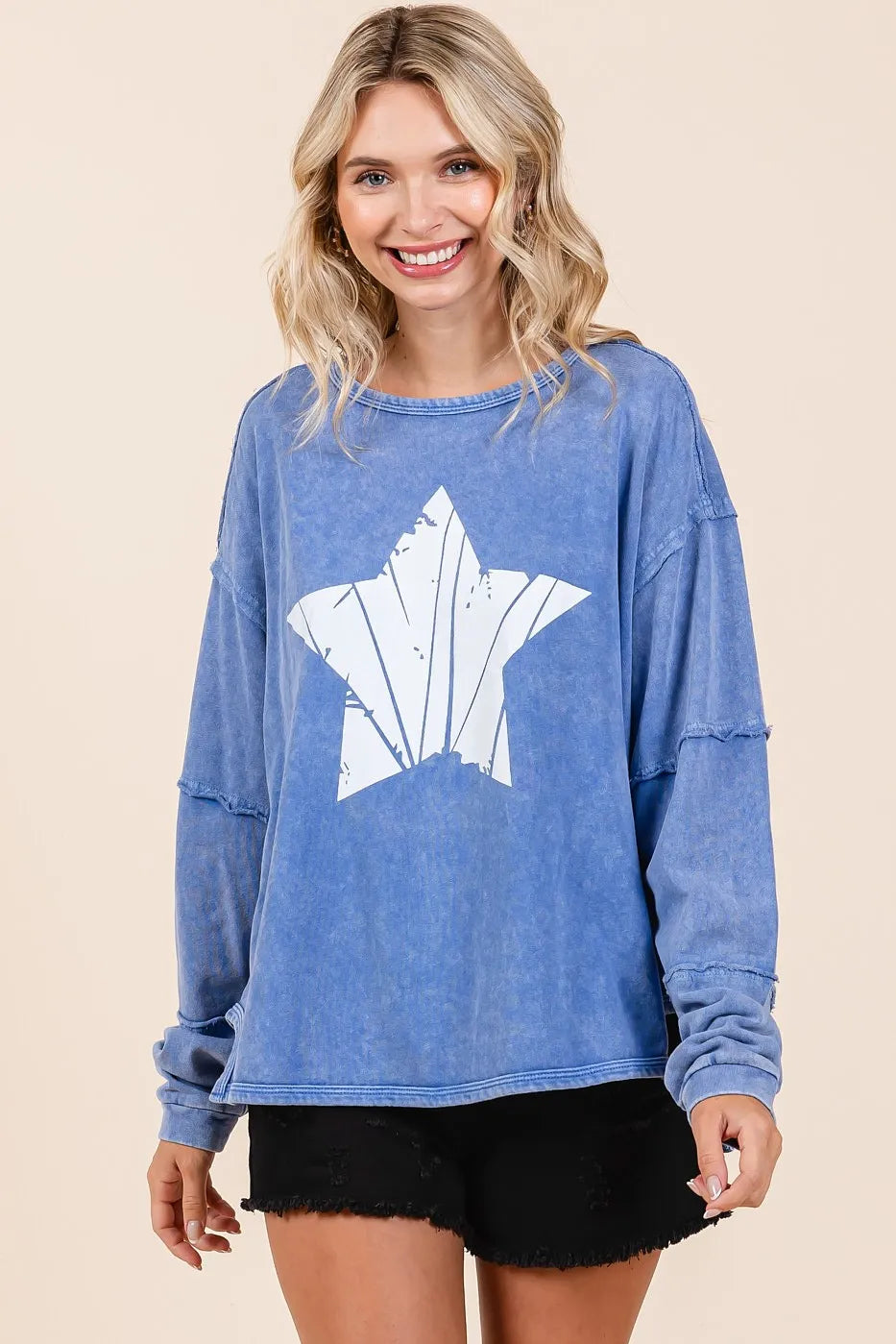 Mittoshop Star Graphic Mineral Wash Long Sleeve Top | Tops Daverri Fashions