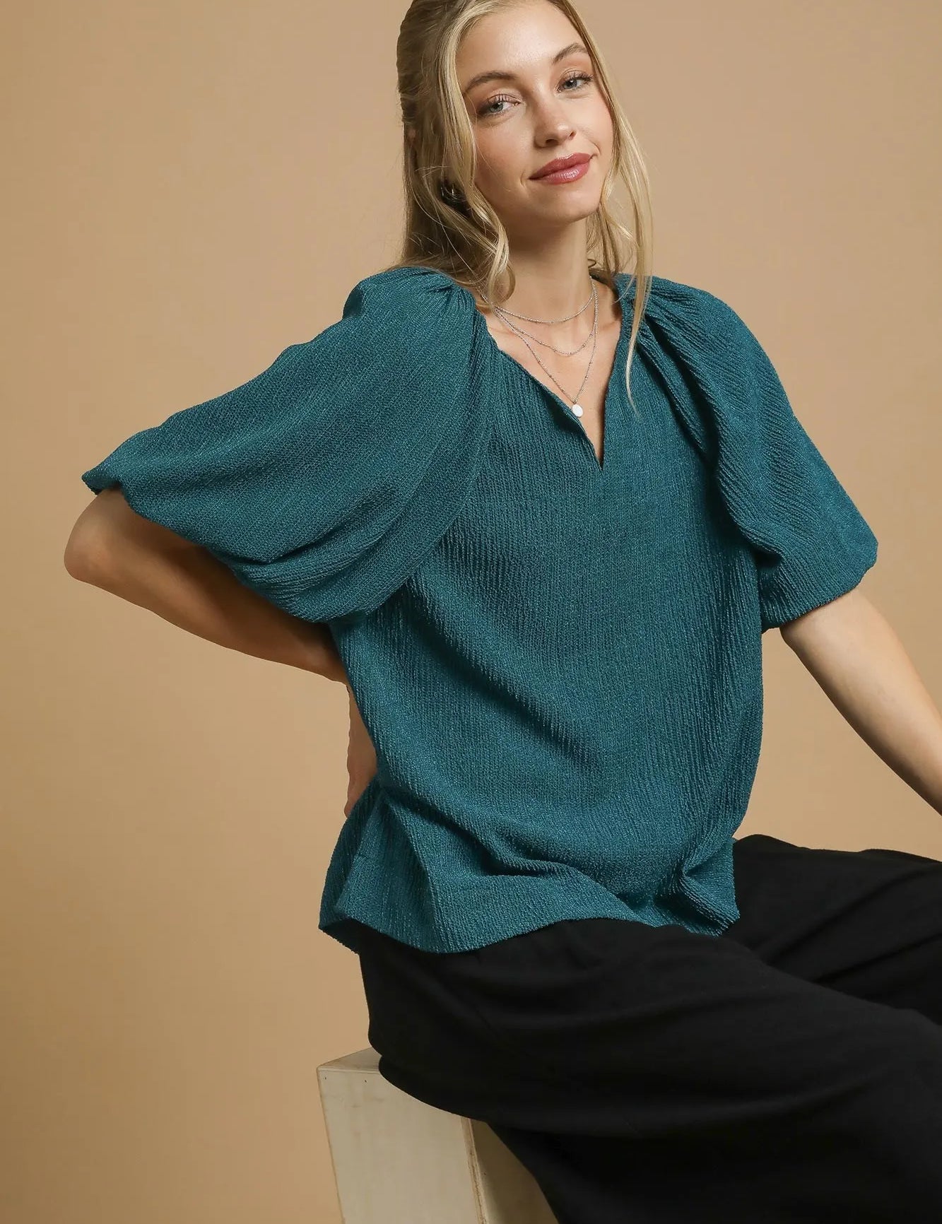Umgee Textured Flutter Sleeve Notch Neck Top Teal | Blouses Daverri Fashions