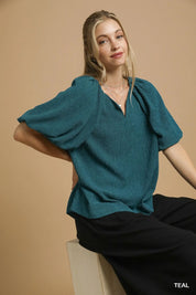 Umgee Textured Flutter Sleeve Notch Neck Top Teal | Blouses Daverri Fashions
