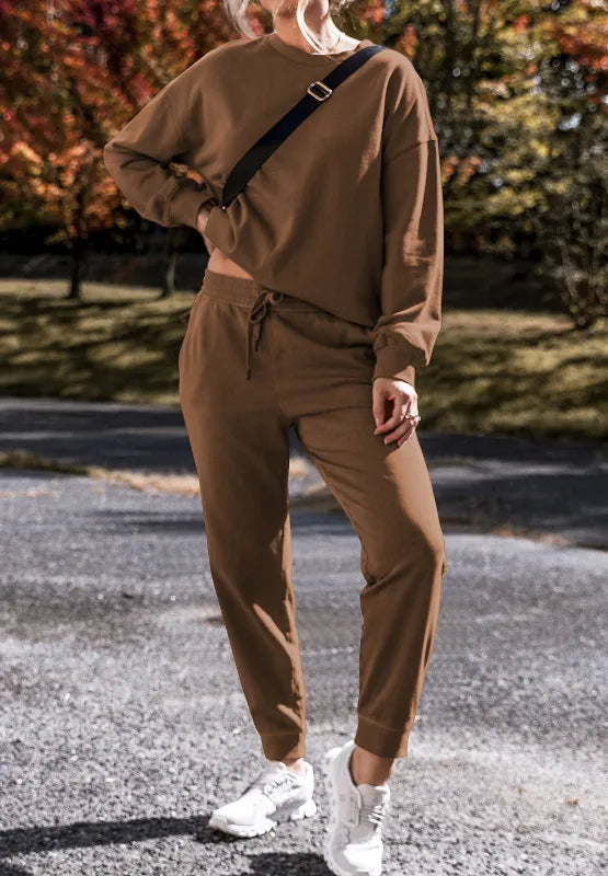 Side Slit Round Neck Long Sleeve Top and Pants Set | Loungewear Sets Daverri Fashions