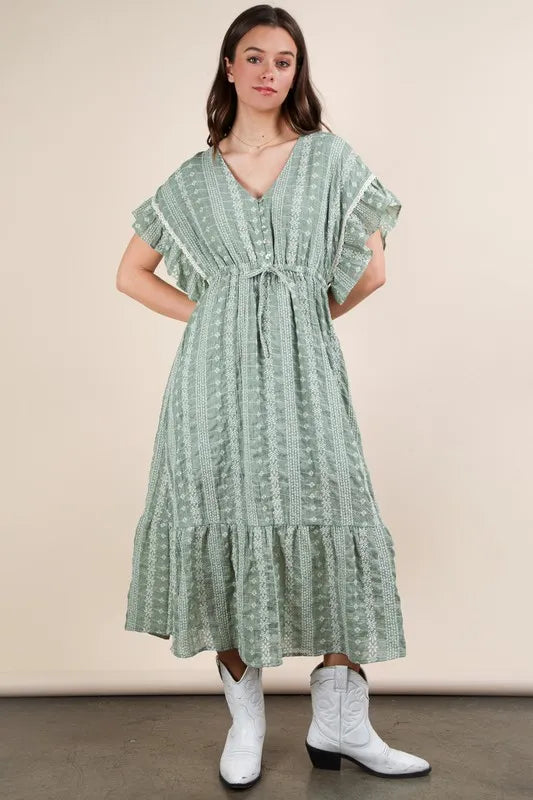 Very J Embroidered Boho Ruffled Sage Green Midi Dress