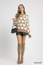 Umgee Mix Heart Pattern Pearl Accent Sweater | Sweaters Daverri Fashions