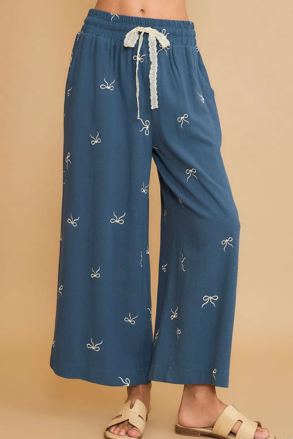 Dusty Blue Umgee Full Size Lace Drawstring Embroidered Bow Wide Leg Pants Plus Size | Daverri Fashions