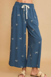 Dusty Blue Umgee Full Size Lace Drawstring Embroidered Bow Wide Leg Pants Plus Size | Daverri Fashions