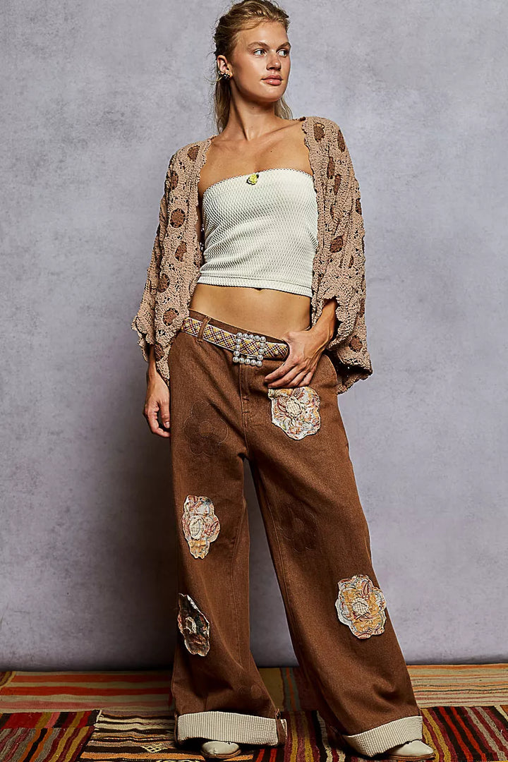 POL Openwork V-Neck Chenille Cardigan with Contrast Floral | Daverri Fashions