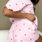 Blush pink heart print ribbed knit pajama set with ruffles