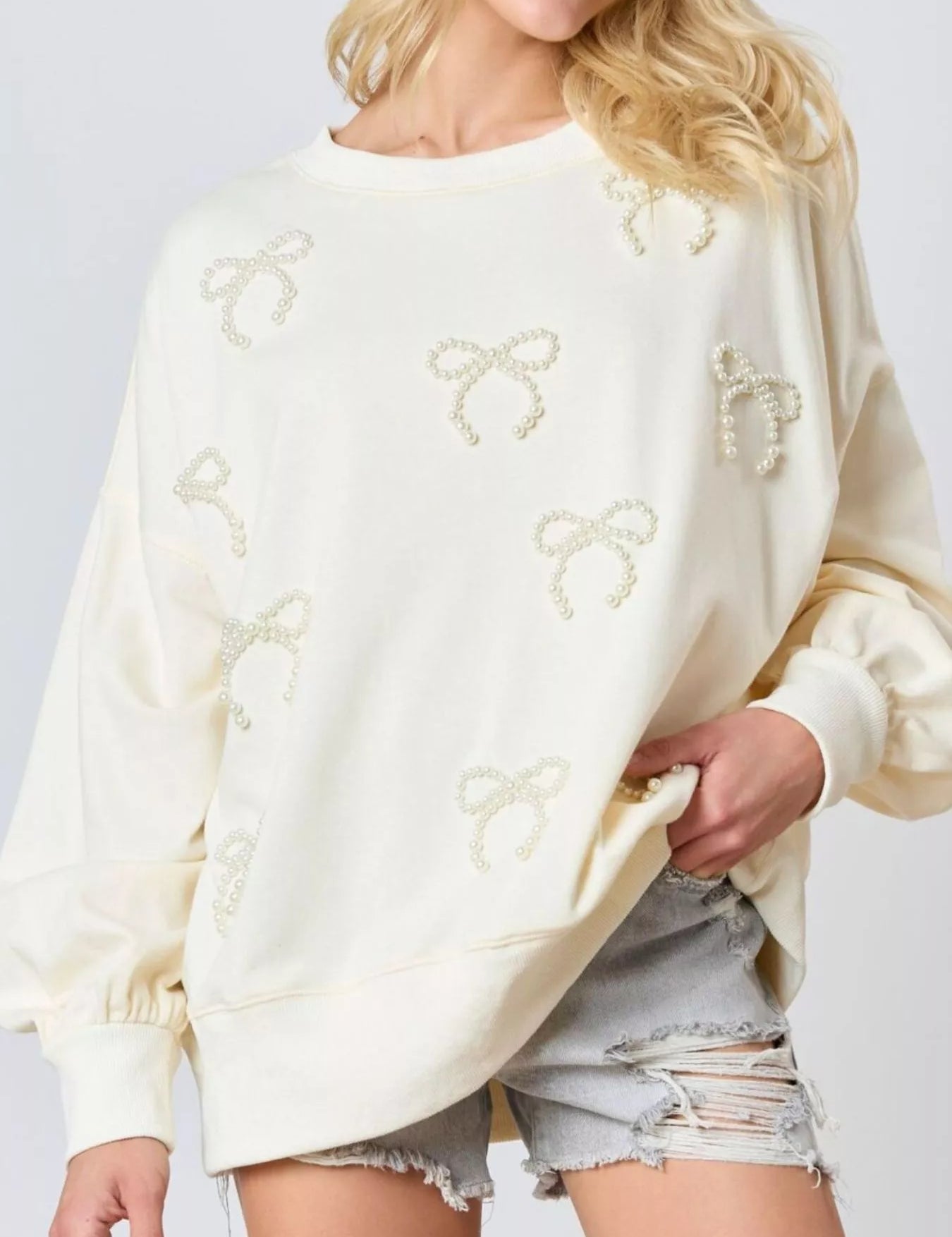 Pearl Embellished Bow Long Sleeve Sweatshirt | Sweatshirts Daverri Fashions
