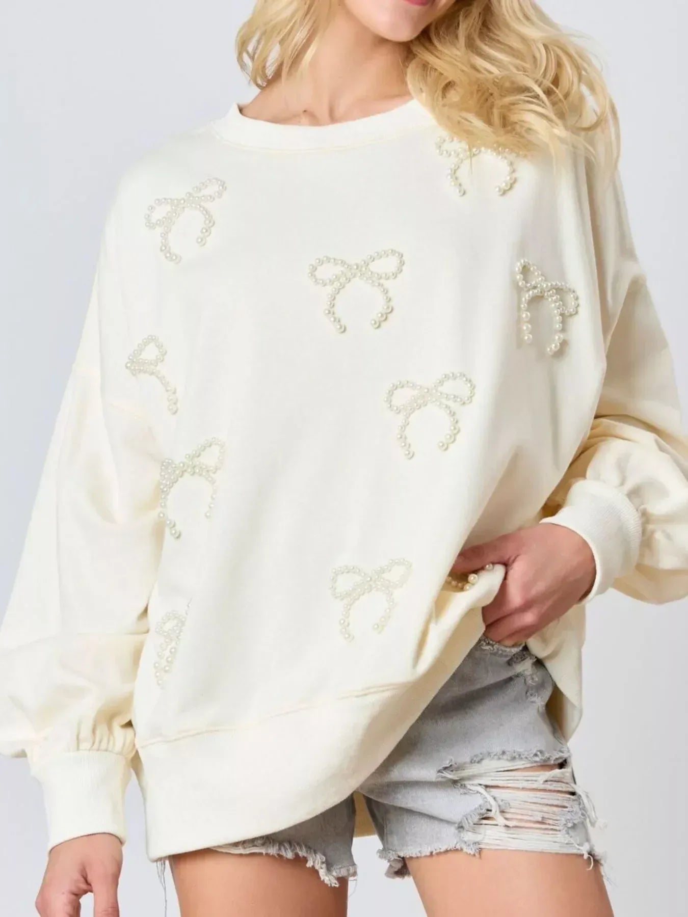 Pearl Embellished Bow Long Sleeve Sweatshirt - DAVERRI FASHIONS