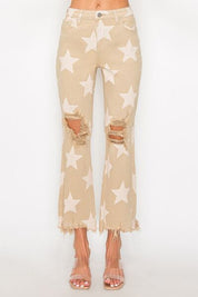 RISEN Full Size High Rise Star Printed Frayed Hem Jeans Jeans