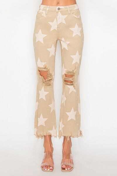 RISEN Full Size High Rise Star Printed Frayed Hem Jeans Jeans