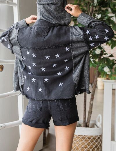 Veveret Star Embroidered Hooded Denim Jacket