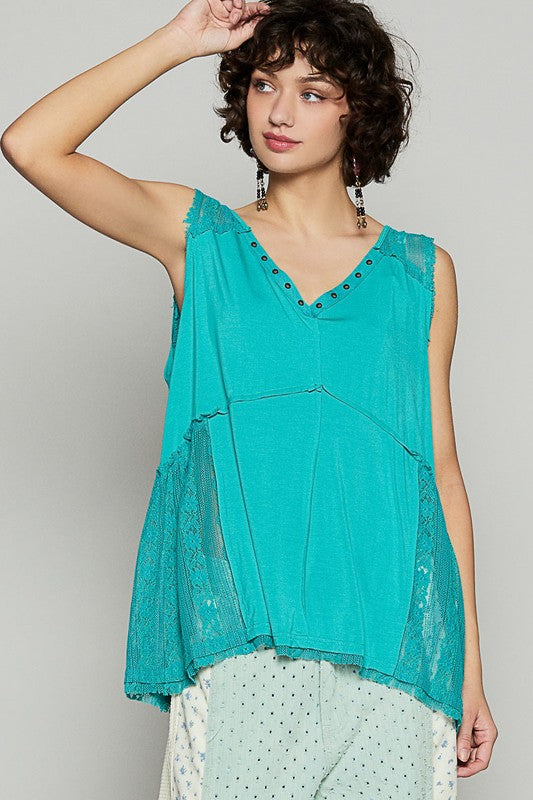 POL Lace Detail Studded Crisscross Back V-Neck Sleeveless Top