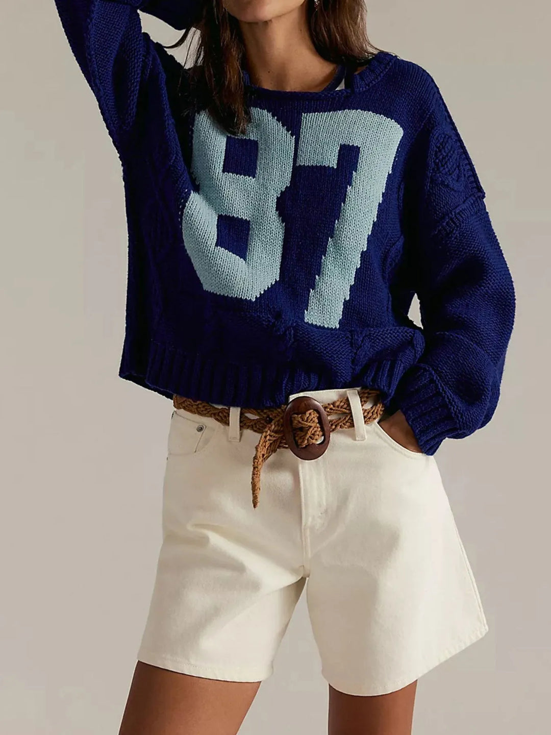 Dark Blue Number 87 Oversized Cable Knit Sweater | Sweaters Daverri Fashions