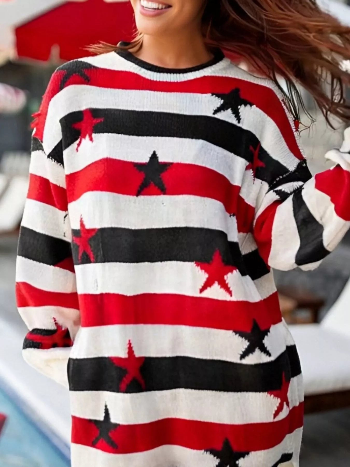 Daverri Stars and Stripes sweater: red, black, white stripes, star patterns