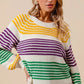 Cozy SO ME Mardi Gras striped raglan sweater top in cream, yellow, purple, green