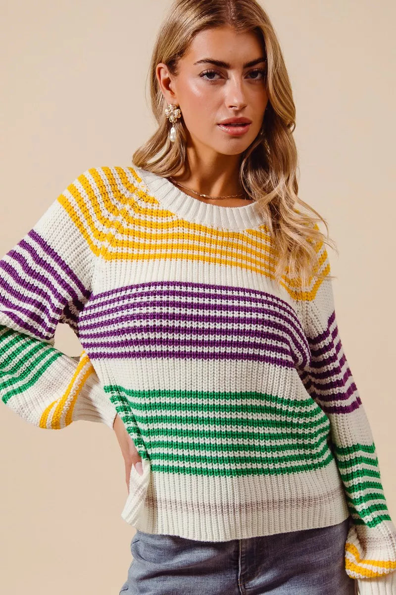 Cozy SO ME Mardi Gras striped raglan sweater top in cream, yellow, purple, green