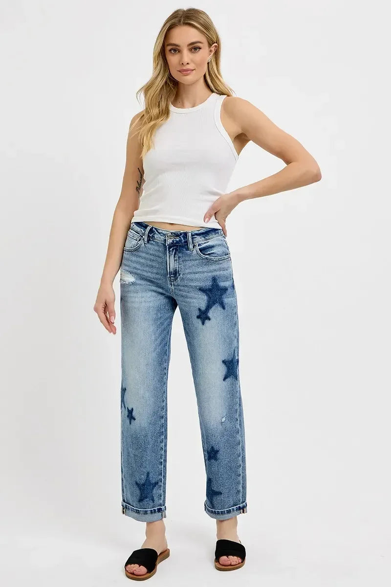 RISEN Full Size Mid Rise Boyfriend Star Shadow Detail Cuffed Jeans - DAVERRI FASHIONS