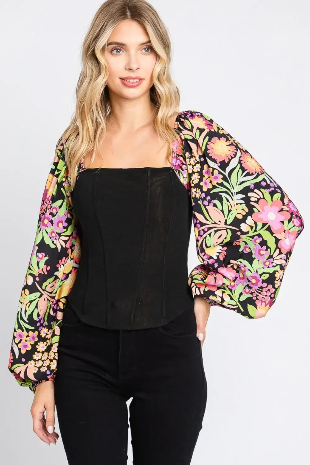ODDI Full Size Floral Balloon Sleeve Blouse - DAVERRI FASHIONS