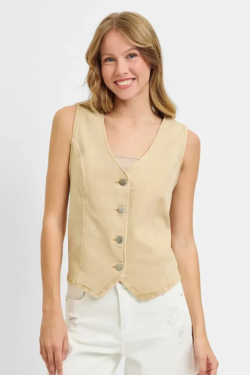 RISEN Full Size V Neck Button Down Vest Plus Size - DAVERRI FASHIONS