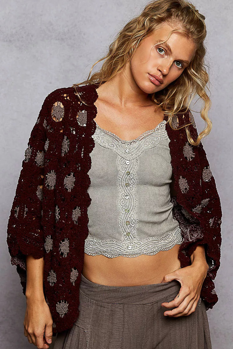 POL Openwork V-Neck Chenille Cardigan with Contrast Floral Burgundy Grey | Cardigans Daverri Fashions