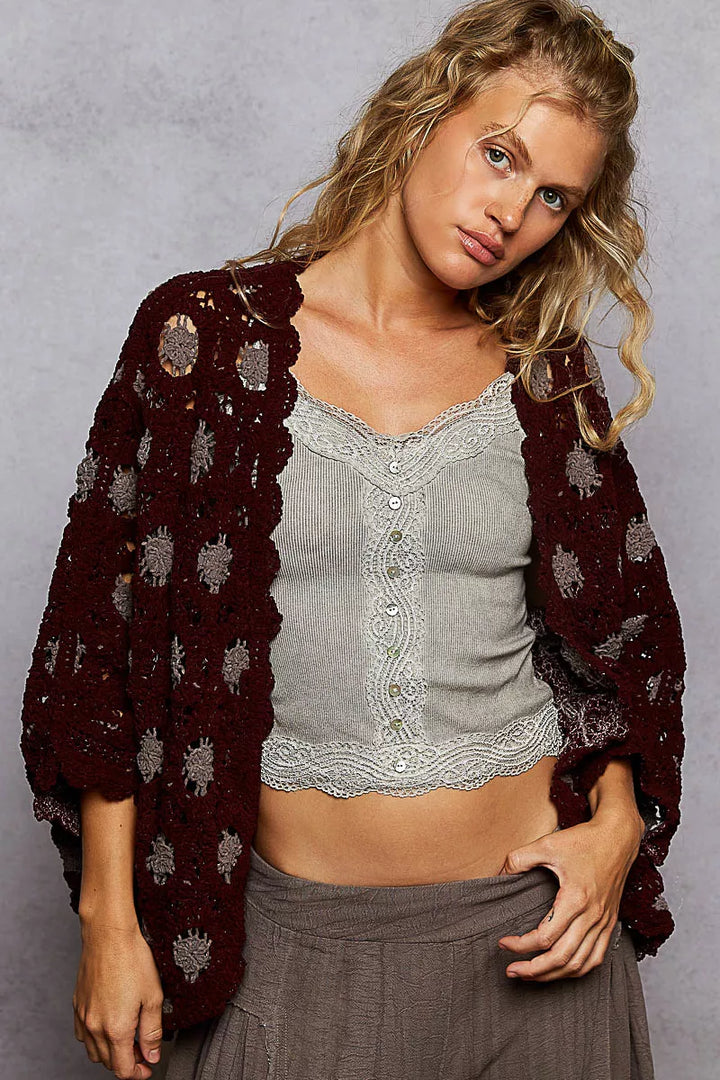 POL Openwork V-Neck Chenille Cardigan with Contrast Floral Burgundy Grey | Cardigans Daverri Fashions