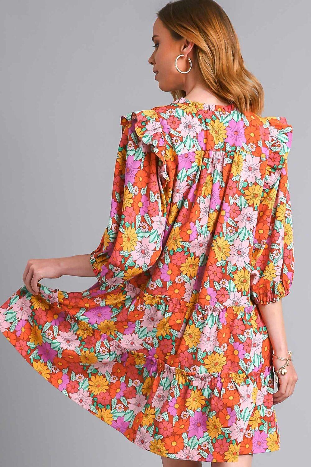 Umgee Full Size Ruffled Flower Print Tie Neck Tiered Dress Mini Dresses