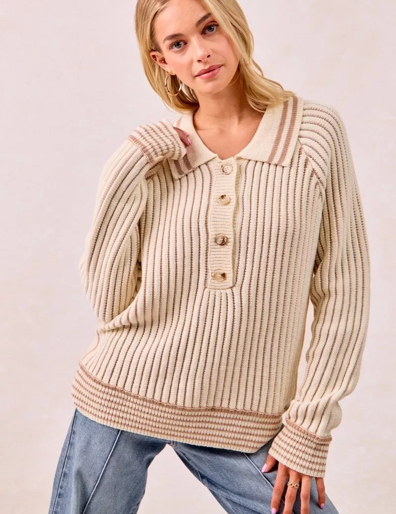 BiBi Half Button Ribbed Two Tone Sweater | Sweaters Daverri Fashions