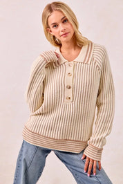 BiBi Half Button Ribbed Two Tone Sweater | Sweaters Daverri Fashions