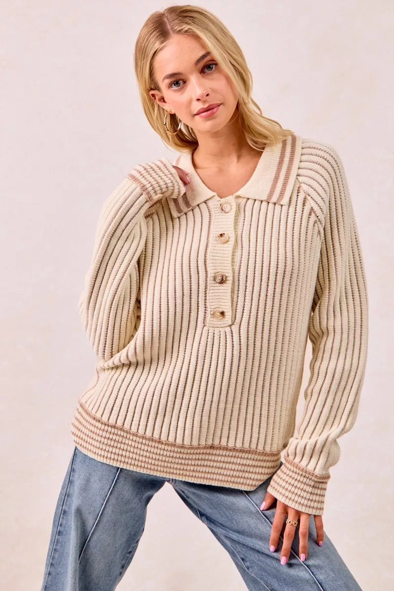 BiBi Half Button Ribbed Two Tone Sweater | Sweaters Daverri Fashions