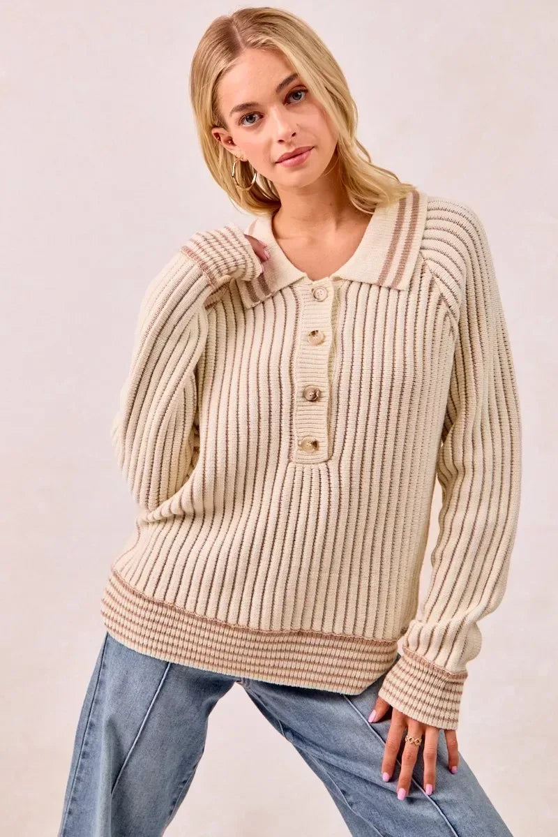BiBi Half Button Ribbed Two Tone Sweater - DAVERRI FASHIONS
