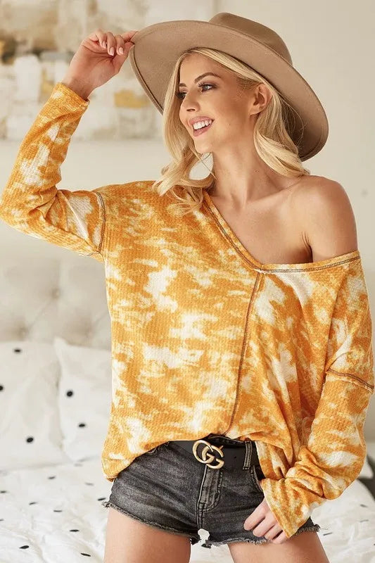BiBi Tie Dye Print Waffle V Neck Top with Contrast MUSTARD